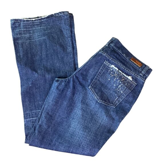 Calvin Klein Blue Jean Low Rise Flare Beaded Pocket Dark Wash Sz 10 #150N - Picture 1 of 12